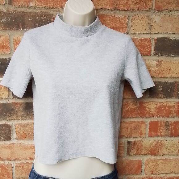 Zara Womens Sweater‎ S Heather Gray Short Sleeve Mock Neck Cropped Knit Top - Picture 1 of 9